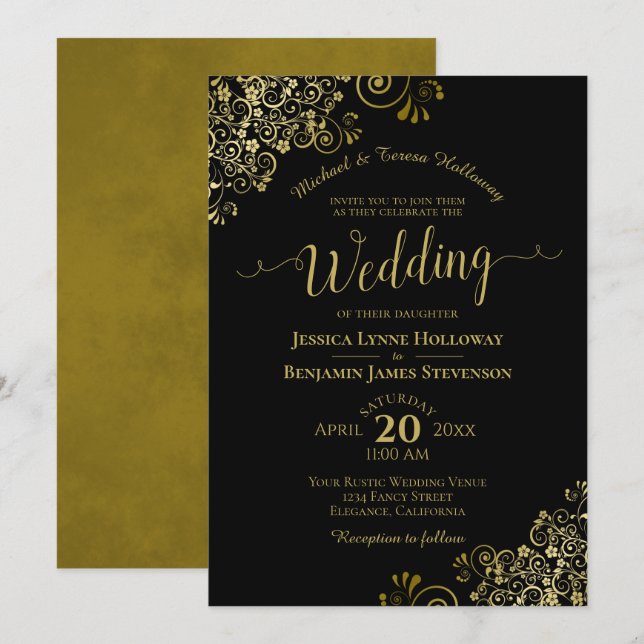 Guld Snöre om klassisk svart Elegant, formellt Brö Inbjudningar (Fram/baksida)