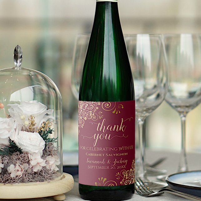 Guld Snöre om Maron Burgundy Bröllop Tack Vinflaska Etikett (Skapare uppladdad)