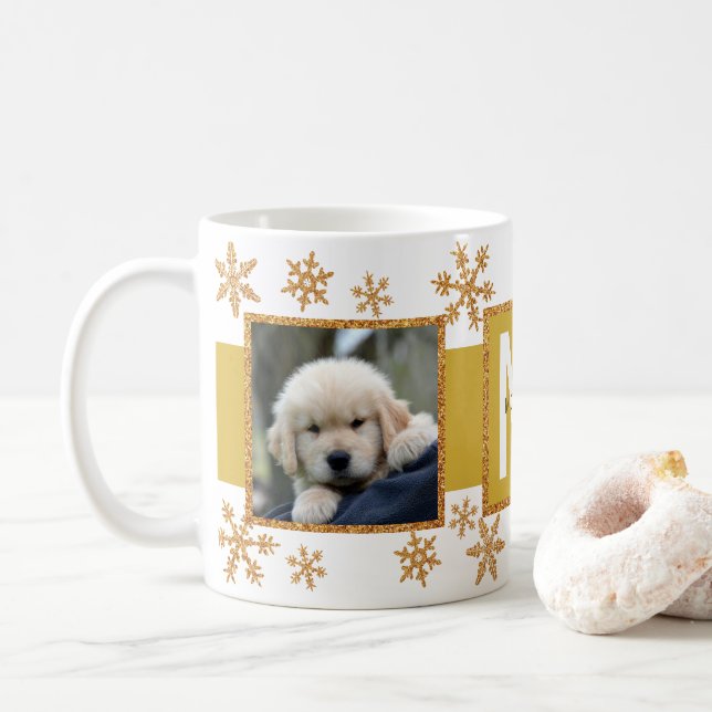 Guld Snowflake 2 Photo Monogram jul Kaffemugg (Med munk)