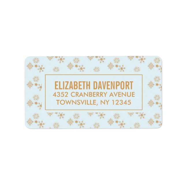 Guld Snowflake Crystals on Frosty Blue - Jul Adressetikett (Framsidan)