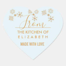 Guld Snowflake Crystals on Frosty Blue - Jul Hjärtformat Klistermärke