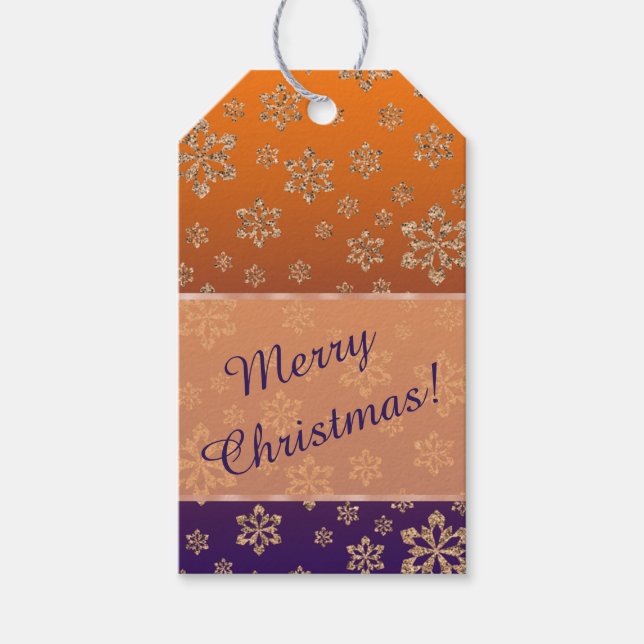 Guld Snowflake Gradient Blue-Orangen Jul Presentetikett (Framsidan)