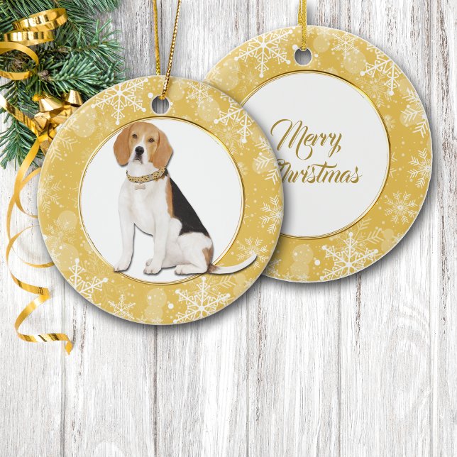 Guld Snowflake Gräns Beagle Hund Julgransprydnad Keramik (Skapare uppladdad)