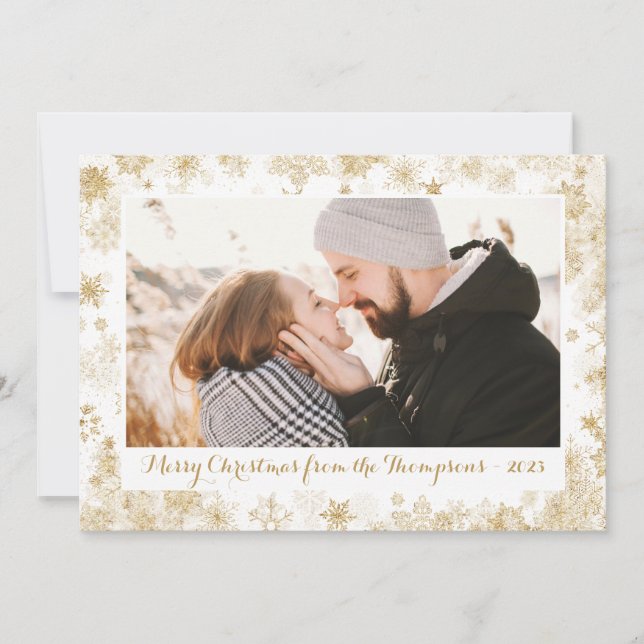 Guld Snowflake Gräns fotopriskort för Julkort (Framsida)