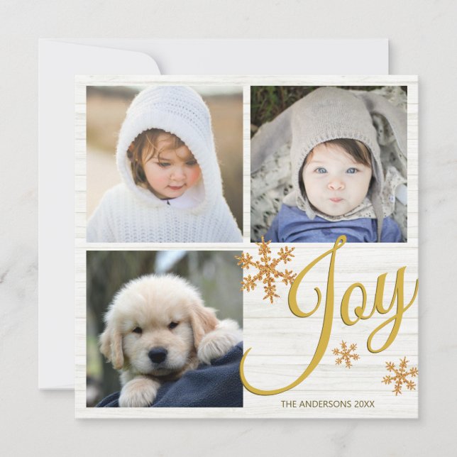Guld Snowflake Joy Script 3 Photo Collage Julkort (Framsida)