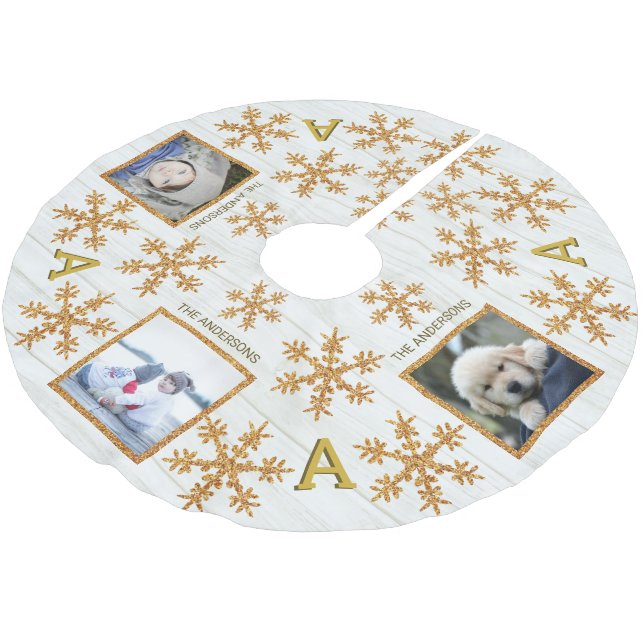 Guld Snowflake Monogram Rustic 3 Photo Julgransmatta Borstad Polyester (Vinklad)