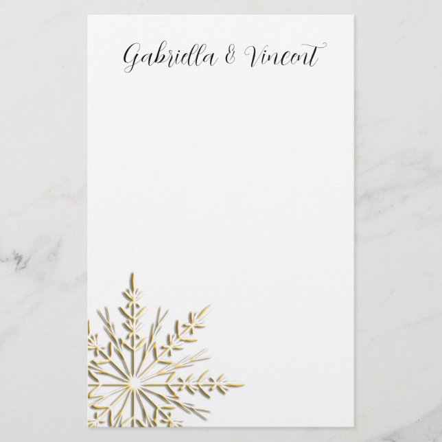 Guld Snowflake on White Winter Wedding Brevpapper (Framsida)