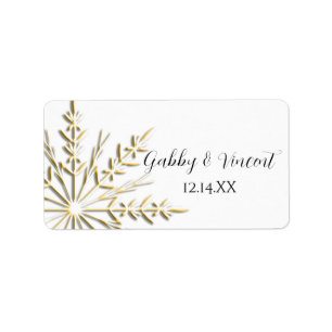 Guld Snowflake on White Winter Wedor Favor Tagg Adressetikett