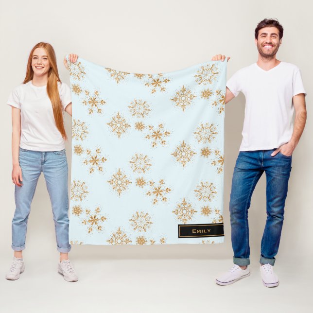 Guld Snowflake på Frosty Blue jul Mönster Fleecefilt (På plats)