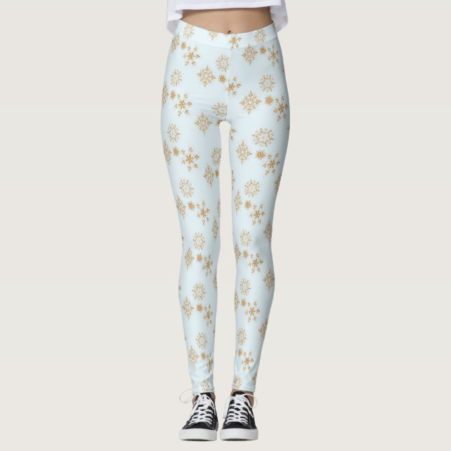 Guld Snowflake på Frosty Blue jul Mönster Leggings (Framsida)