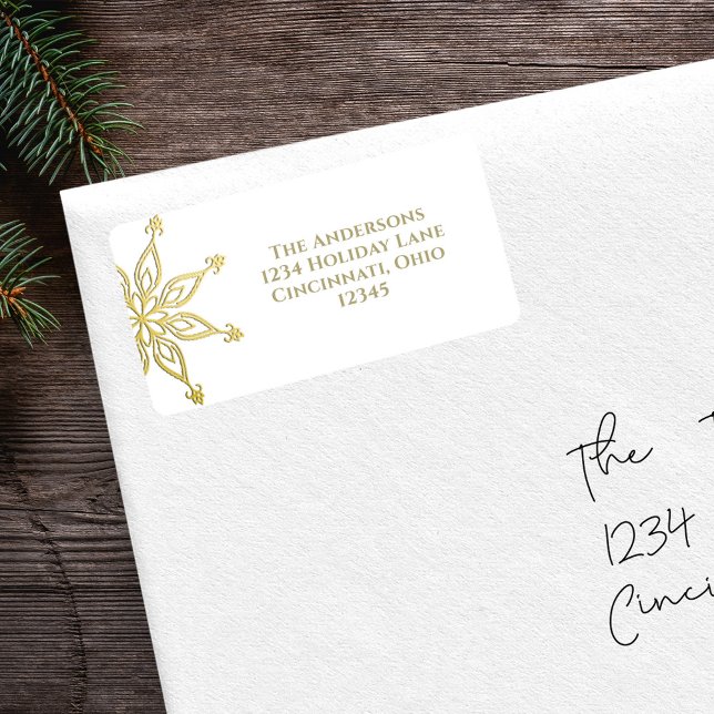Guld Snowflake-Returadressen Jul Adressetikett (Christmas holiday gold snowflake return address label sticker. )