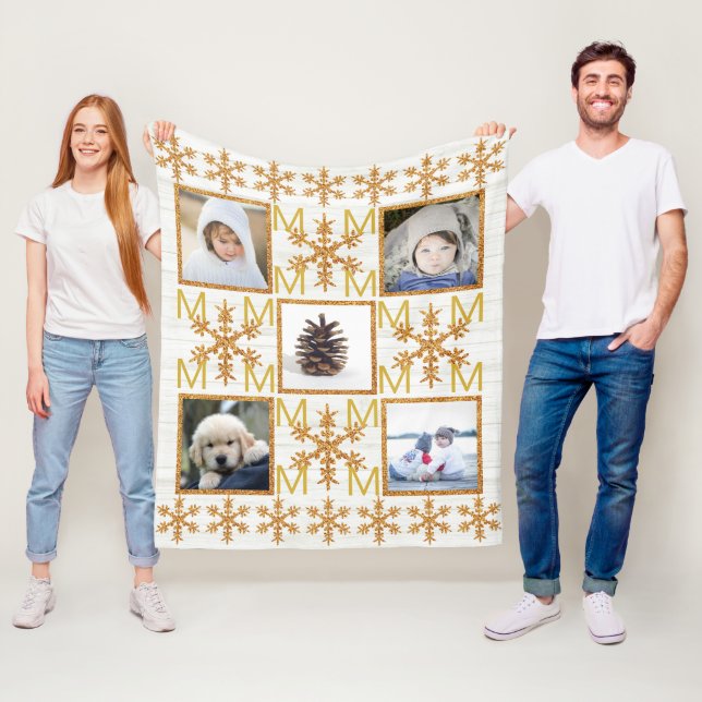 Guld Snowflake (tillval) Monogram 5-foto Fleecefilt (På plats)