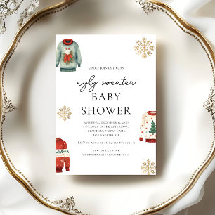 Guld Snowflake Vinter Ugly Sweater Baby Shower Inbjudningar