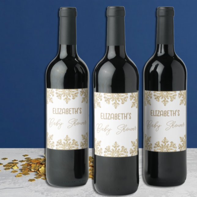 Guld Snowflake Winter Baby Shower Vinflaska Etikett (Skapare uppladdad)