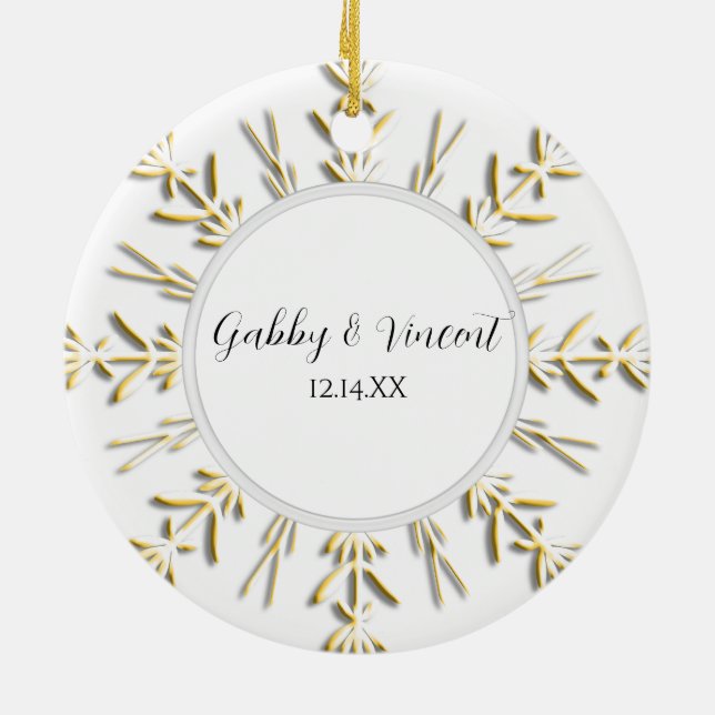 Guld Snowflake Winter Wedding Photo Julgransprydnad Keramik (Baksidan)