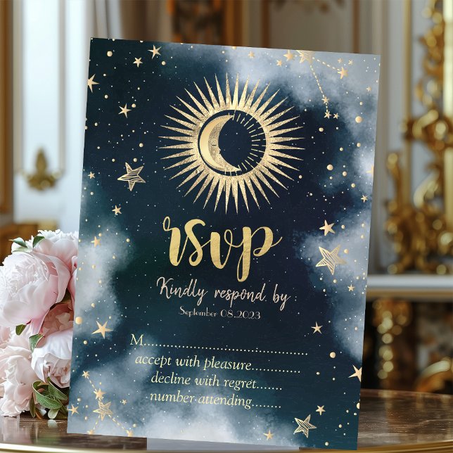 Guld Sol, Måne, Stjärnor Natt Himmel RSVP Inbjudningar (Skapare uppladdad)
