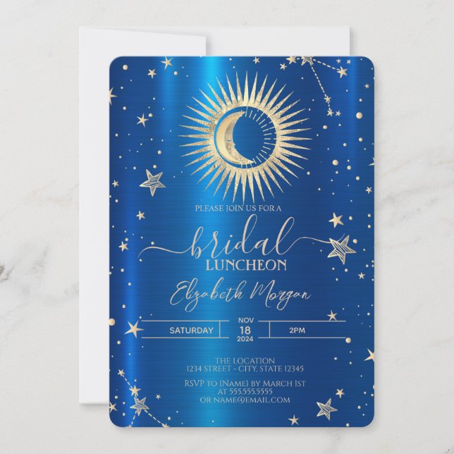 Guld Sol och Måne Stars Blue Metallic Luncheon Inbjudningar (Framsida)