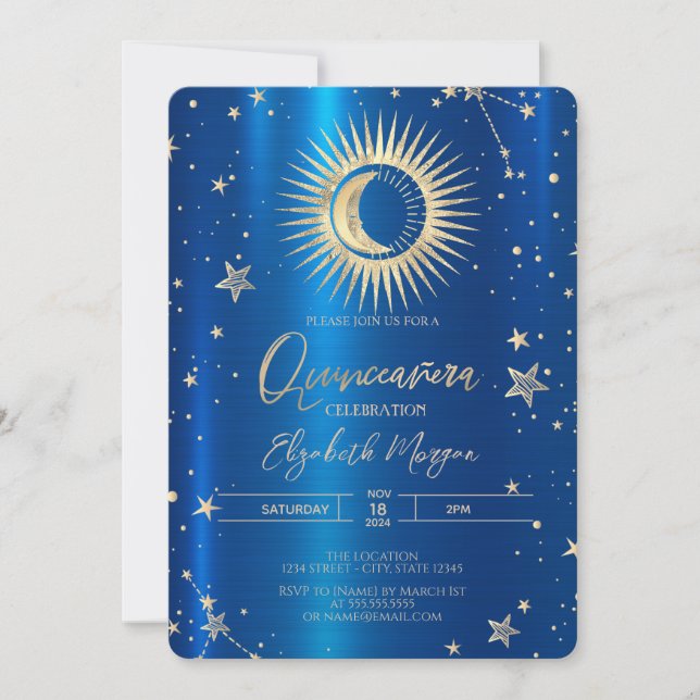 Guld Sol och Måne Stars Blue Metallic Quinceanera Inbjudningar (Framsida)