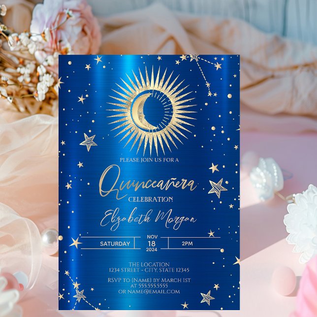 Guld Sol Och Måne Stjärnor Blå Metallisk Quinceane Inbjudningar (Skapare uppladdad)
