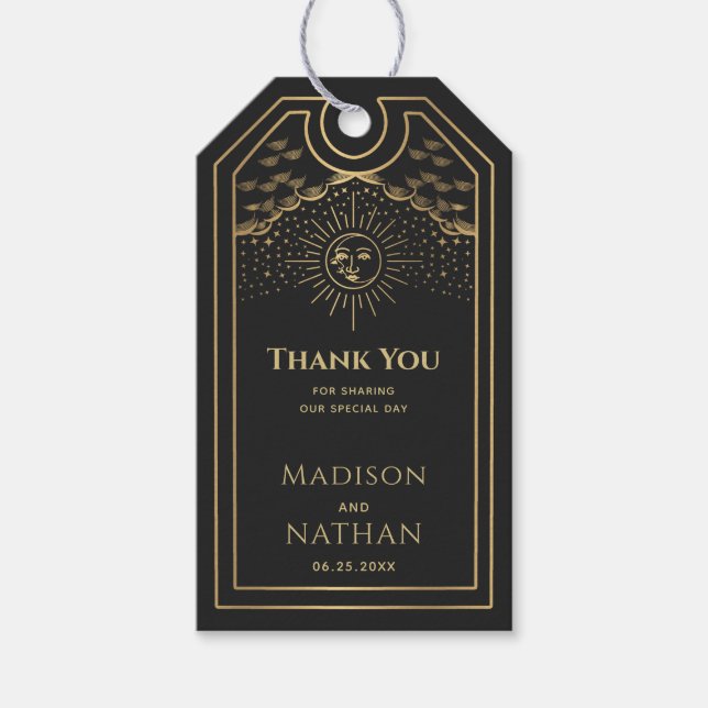 Guld Sol och Måne Tarot Bröllop Tack Presentetikett (Framsidan)