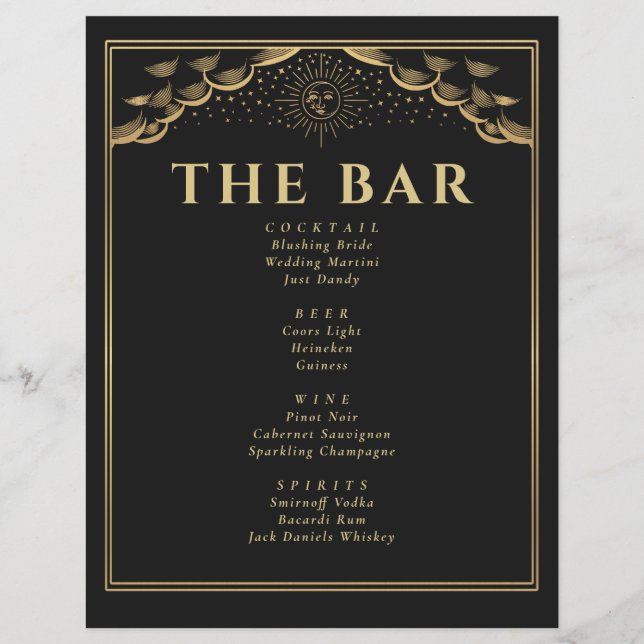Guld Sol och Måne Tarot Kort Bröllops Bar Meny (Framsidan)