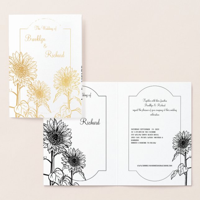 Guld Solblommor, inbjudan till Elegant bröllop Folierat Kort (Display)