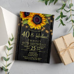 Guld solblommor, land lada, 40 fantastiska inbjudningar<br><div class="desc">Rustic land 40-födelsedagsfestens inbjudan till snyggt på mörk brun barrdagg med stor gult-solblommor, strängar av tvillinglå ljus och ett faux-guld typografi-skript. Enkel att anpassa med dina uppgifter! Du kan välja att anpassa det ytterligare genom att ändra typsnitt och färg på text. Inbjudan är lämplig för utomhusträdgård/trädgårdsskötsel land brunch/barbecue sommar- eller...</div>