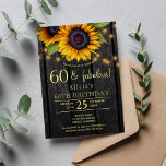 Guld solblommor, land lada, 60 påhittade inbjudningar<br><div class="desc">Rustic land 60-födelsedagsfestens inbjudan till snyggt på mörk brun barrträ med stor gult-solblommor, stativ av tvillingskål ljus och ett faux-guld typografi-skript. Enkel att anpassa med dina uppgifter! Du kan välja att anpassa det ytterligare genom att ändra typsnitt och färg på text. Inbjudan är lämplig för utomhusträdgård/trädgårdsskötsel land brunch/barbecue sommar- eller...</div>