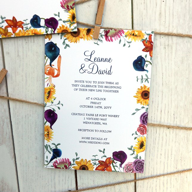 Guld Solblommor, marin flotta och plum Calla Lilie Inbjudningar (orange, blue, plum purple fall sunflowers, calla lilies, pink protea flowers wedding invitations)