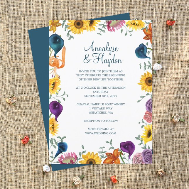 Guld Solblommor, marin flotta och plum Calla Lilie Inbjudningar (yellow sunflowers and plum purple, orange tiger lilies wedding invitations)