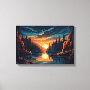 Guld Solnedgång Skog Flod Canvas Väggkonst