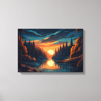 Guld Solnedgång Skog Flod Canvas Väggkonst