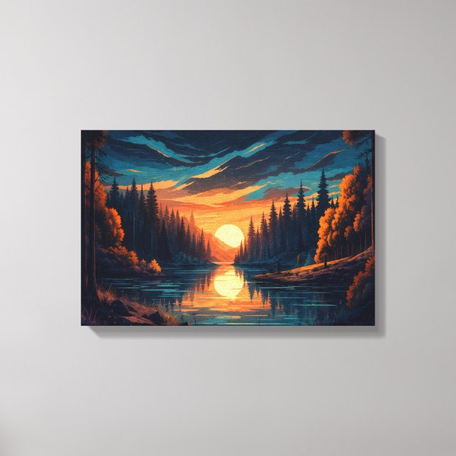 Guld Solnedgång Skog Flod Canvas Väggkonst (Framsida)