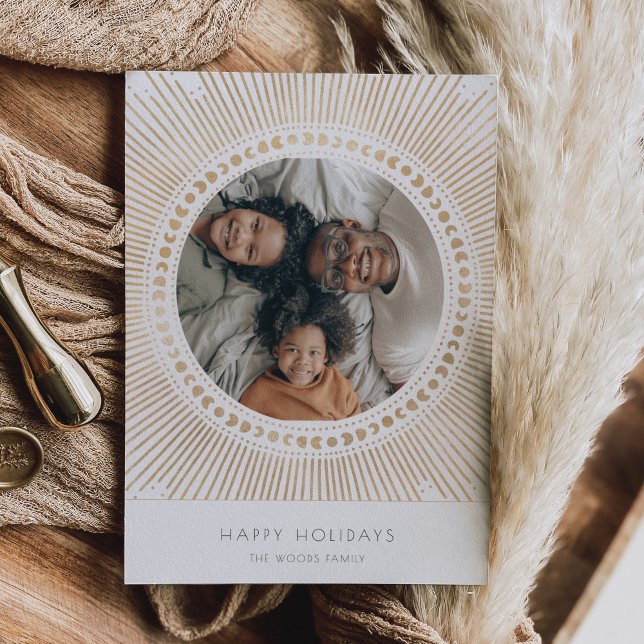 Guld Solstrålning Ram Art Deco Foto Julkort (Skapare uppladdad)