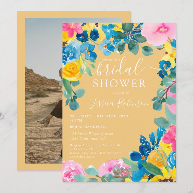 Guld sommarfotomöhippa för blommigt inbjudningar (Fram/baksida)