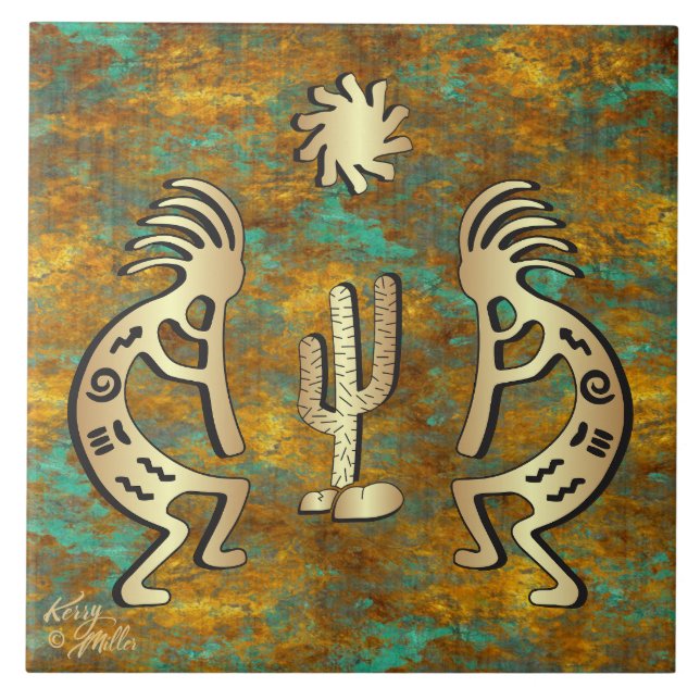 Guld Southwest Kokopelli Ceramic Tile Kakelplatta (Framsidan)