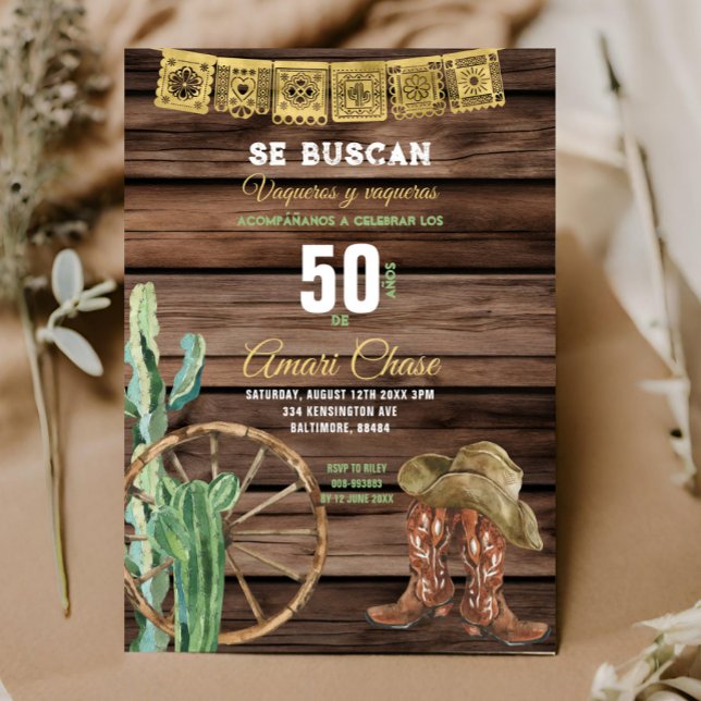 Guld Spanska Westerna Cowboy Birthday Rustic Wood Inbjudningar (Skapare uppladdad)