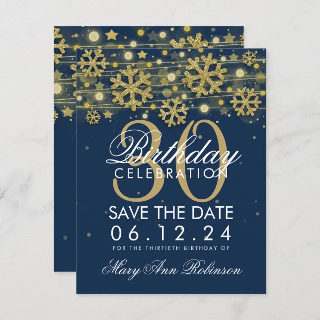 Guld - Spara, blått 30års födelsedag Inbjudningar (Fram/baksida)