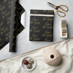 Guld Spara-the-Date Calligraphy Mönster on Black Presentpapper
