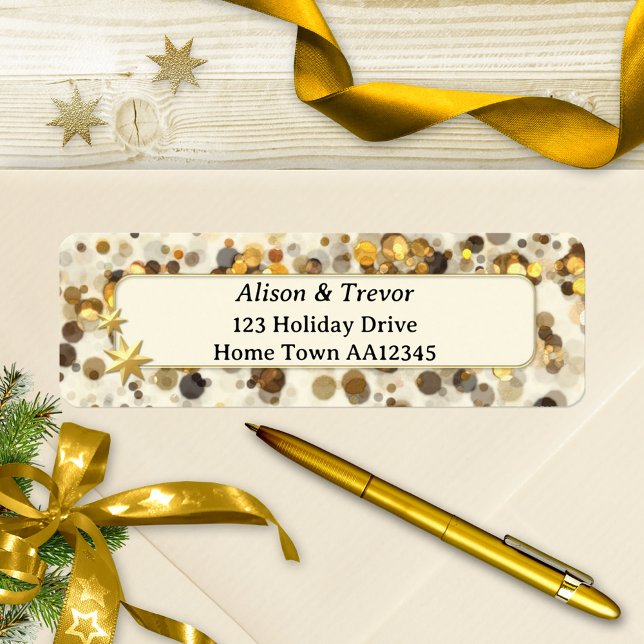 Guld Sparkande julreturadressetikett Returadress Etikett (Christmas return address label featuring a whimsical festive design with gold sparkles and stars)