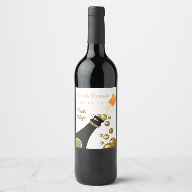 Guld Sparkling Vin Bubbles Bröllop Vinflaska Etikett (Framsida)