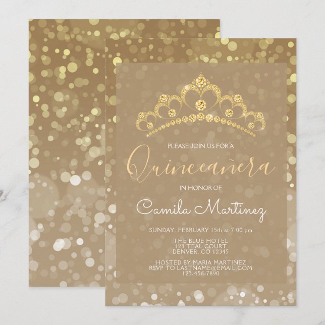 Guld Sparkly Confetti Quinceanera med Tiara Inbjudningar (Fram/baksida)