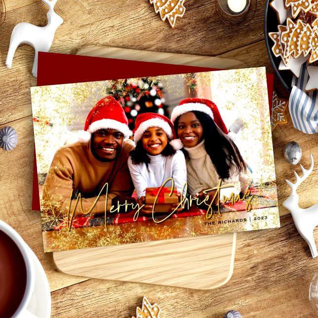 Guld Sparkly Snöflingor Red God jul Julkort (Skapare uppladdad)