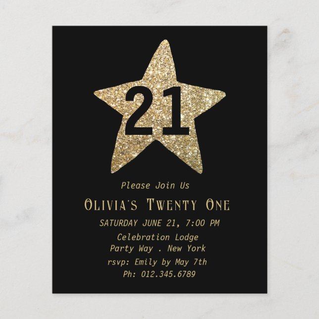 Guld Sparkly Star 21:a födelsedagen Party Flyer (Framsidan)