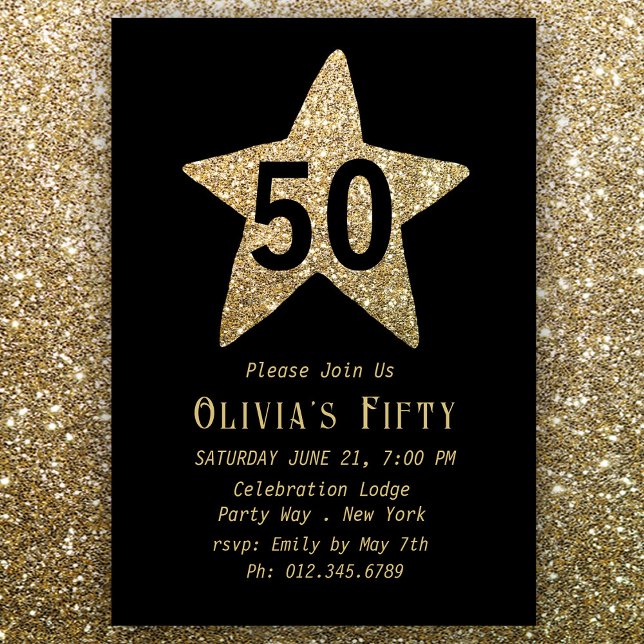 Guld Sparkly Star 50:e Födelsedagsfest inbjudan (Skapare uppladdad)