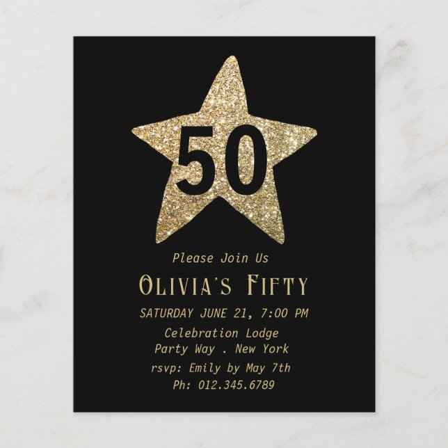 Guld Sparkly Star 50:e Födelsedagsfesten Flyer (Framsidan)