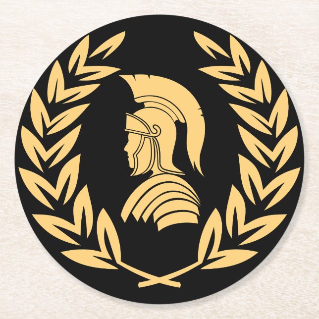 Guld Spartan Warrior med Laurel-andedräkt Underlägg Papper Rund (Framsidan)