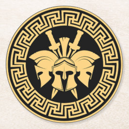 Guld Spartan Warriors Helmet Grekiska Mönster Underlägg Papper Rund