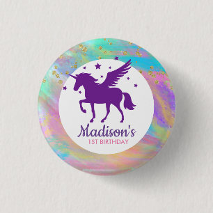 Guld Specklad Lila Unicorn Birthday Knapp