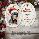Guld Splatter Santa Tassar Doberman Pinscher Julgransprydnad Keramik<br><div class="desc">En vacker vattenfärg porträtt på en Doberman Pinscher-hund med röd och vit Jultomten som är utmärkande på framsidan av denna Helgdag. Bilden placeras på en vit bakgrund med guld-konfektyr. Vid grund står det i den röda texten "Santa Tassar", men man kan lätt ändra den eller anpassa den. Baksidan har samma...</div>